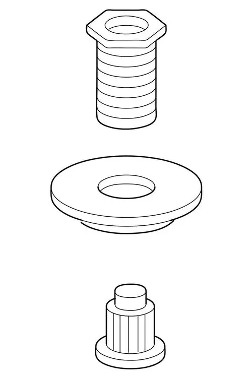 Drei Teile eines Adapters von HANSA: ein gewindeloser Zylinder mit sechseckigem Kopf, eine runde Unterlegscheibe und ein kürzerer zylindrischer Abschnitt mit Rillen.